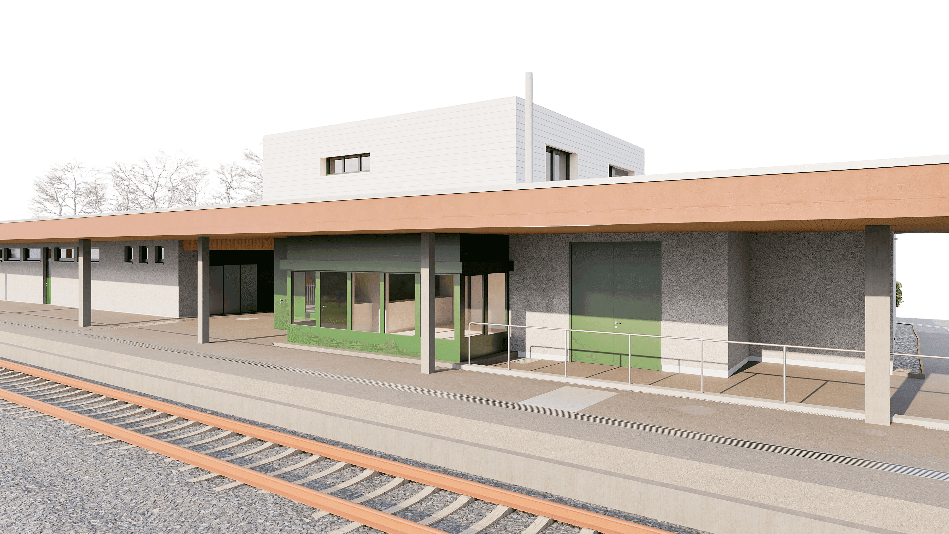 Modernes Bahnhofsgebäude mit überdachtem Bahnsteig und Gleisanlagen.